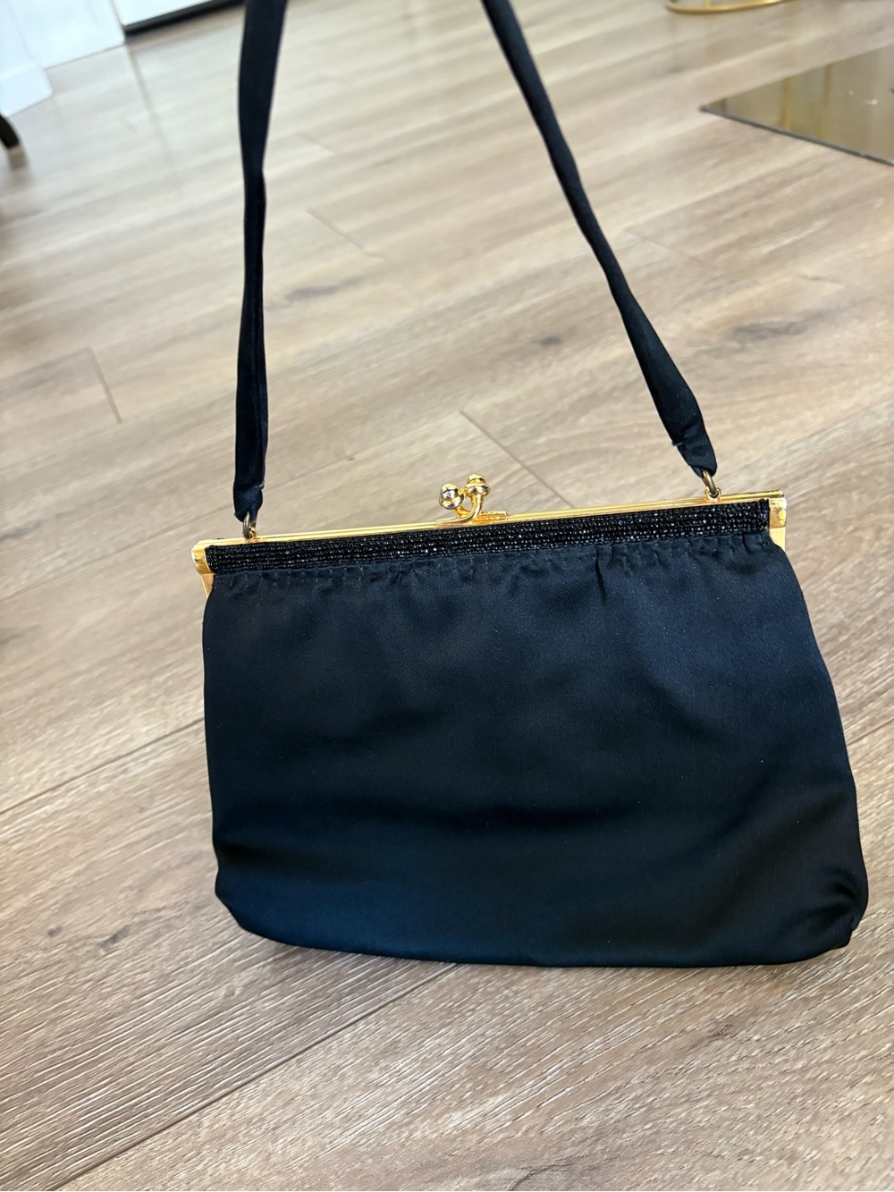 Classic Black Satin Evening Shoulder Bag with Gold Frame